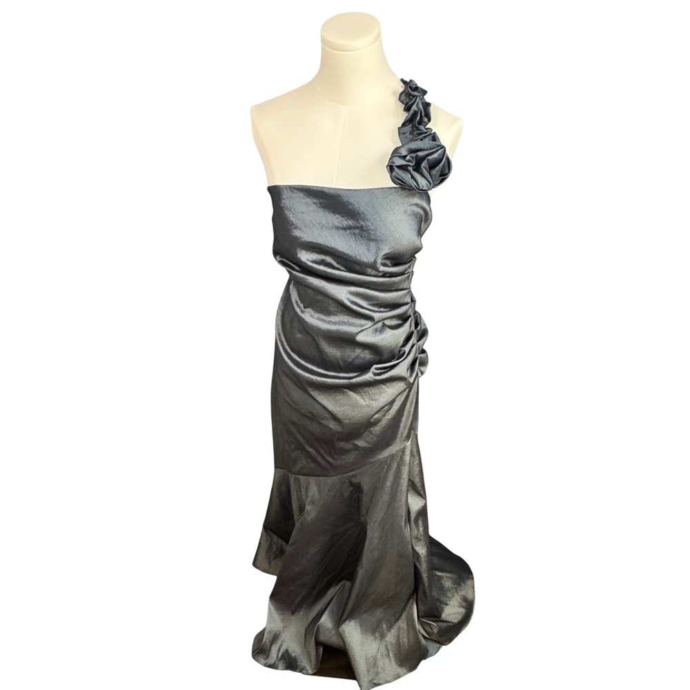 Onyx Nite Womens One Shoulder Rosette Gown Gunmetal Metallic Formal Dress‎ 12
